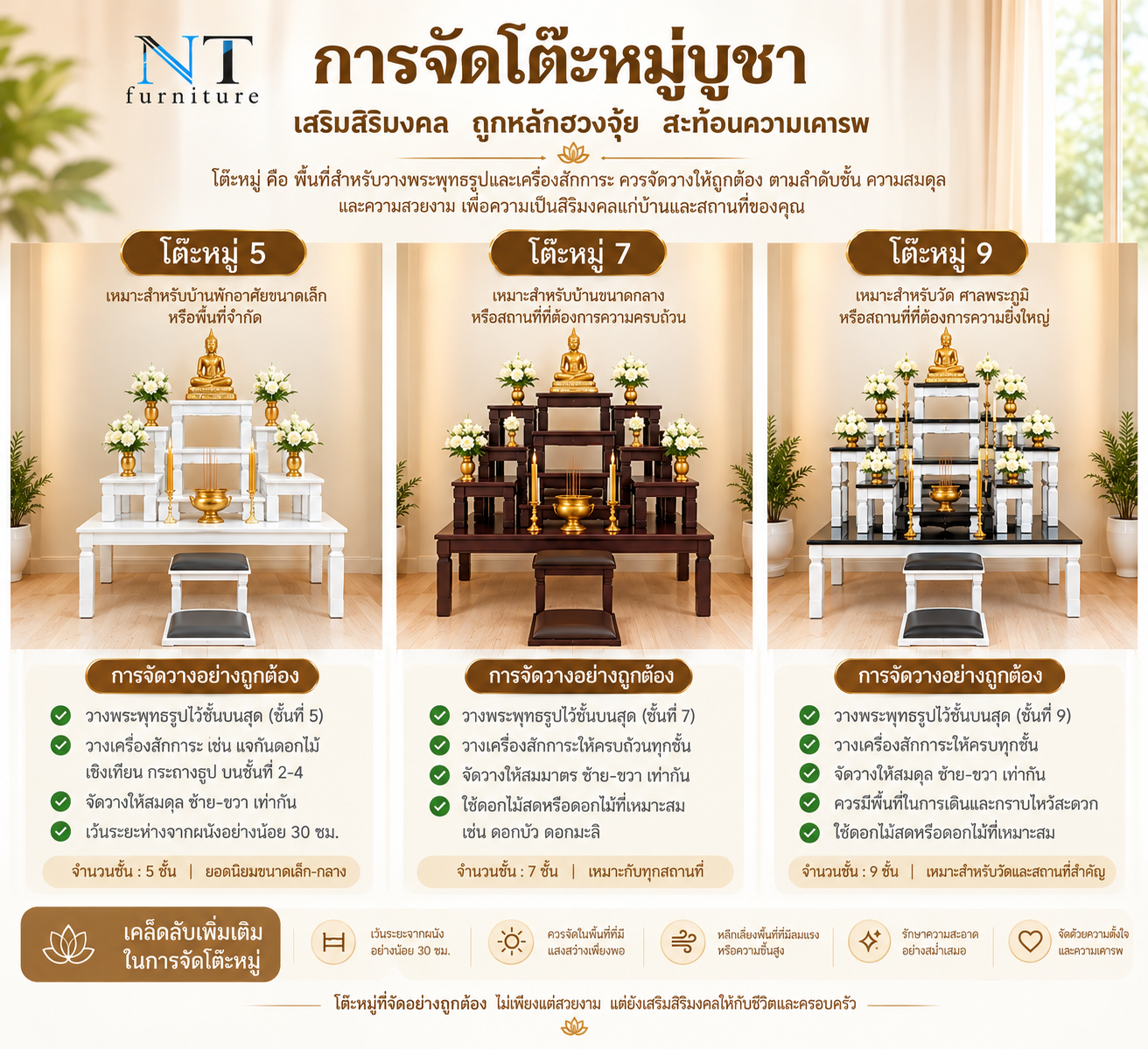 การจัดโต๊ะหมู่บูชา หมู่ 5 หมู่ 7 หมู่ 9 พร้อมโต๊ะกราบ โดย NT Furniture